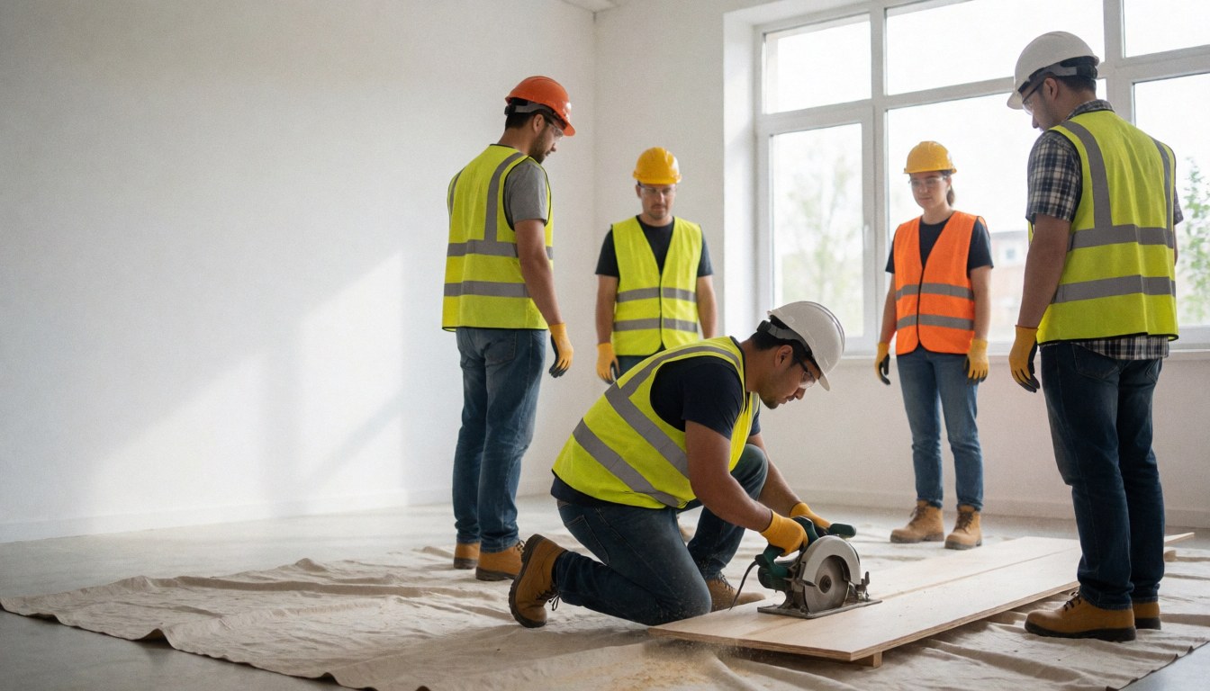 Construction workers wearing helmets and vests cut wood using a circular saw at a building site with white walls and large windows.