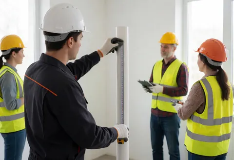 A construction worker measures a PVC pipe in a well-lit workshop while wearing safety gear.