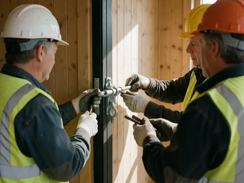 Workers wearing helmets and vests install a metal lock on a door at a construction site with wooden walls.