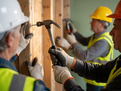 Workers wearing helmets and vests at a construction site, one hammering a nail into wood with a green background.