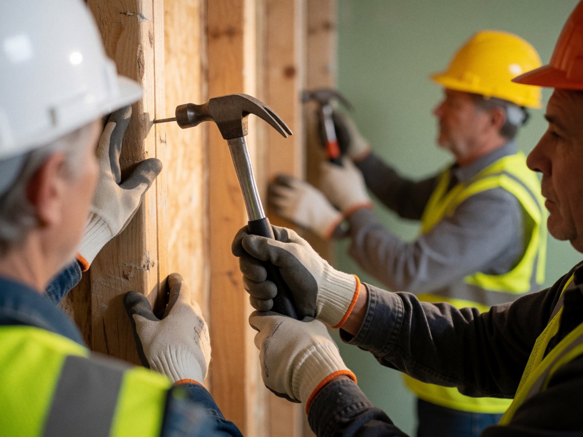 Workers wearing helmets and vests at a construction site, one hammering a nail into wood with a green background.
