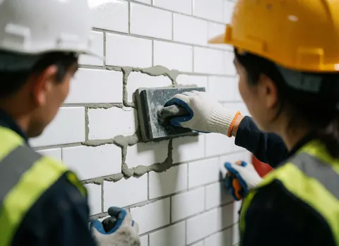 Worker in safety gear applies gray grout to white ceramic tiles while a colleague inspects the construction work.