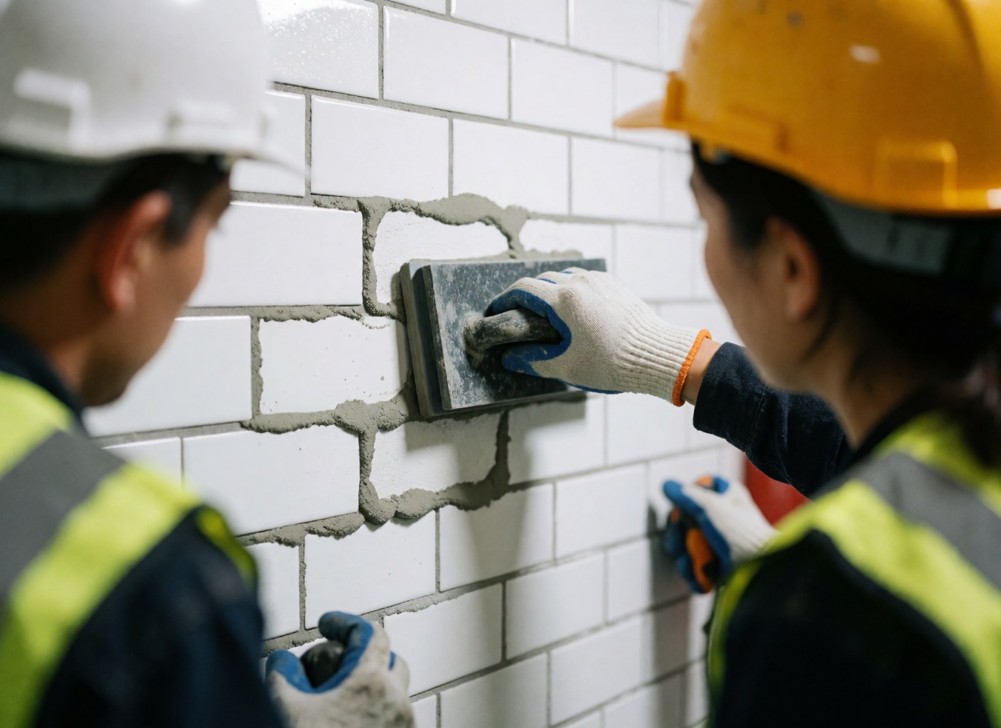 Worker in safety gear applies gray grout to white ceramic tiles while a colleague inspects the construction work.