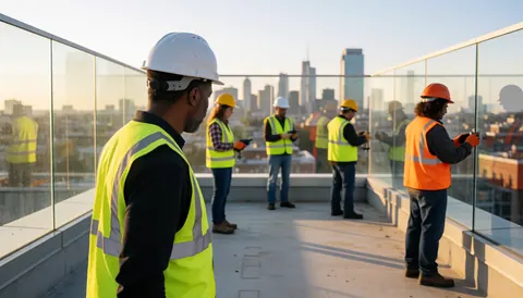 Workers wearing safety helmets and reflective vests install glass railings on a building rooftop with an urban cityscape in the background.