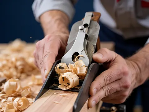 Close-up of a hand using a wooden plane on cedar board with wood shavings and a dark blue workshop wall in the background.