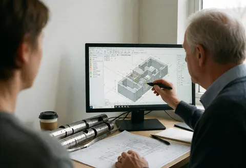 Senior engineer points to design on CAD screen with metal blueprint and coffee on desk in industrial design office