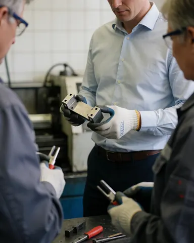 Three workers wearing safety gear inspect a metal bracket in a manufacturing facility with industrial machinery in the background.