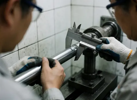 A technician wearing gloves and safety glasses measures a polished metal roller on manufacturing equipment against white tiled walls.
