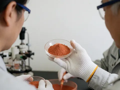 Close-up of a gloved hand holding a container with reddish powder in a professional laboratory setting.
