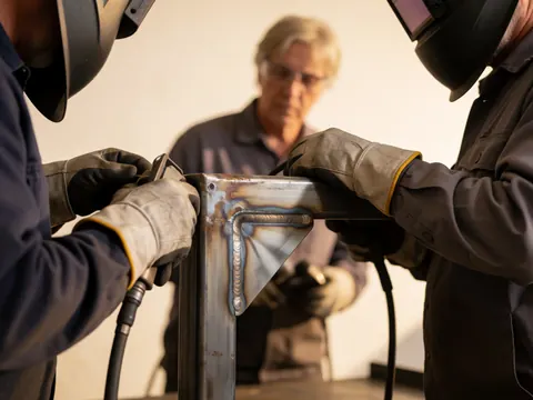 Two welders wearing helmets and gloves work on a metal joint in a workshop with a third man in the background.