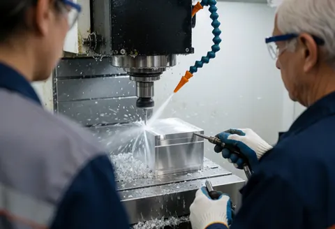 A worker wearing safety glasses operates a CNC machine cutting an aluminum block with coolant in a well-lit factory.