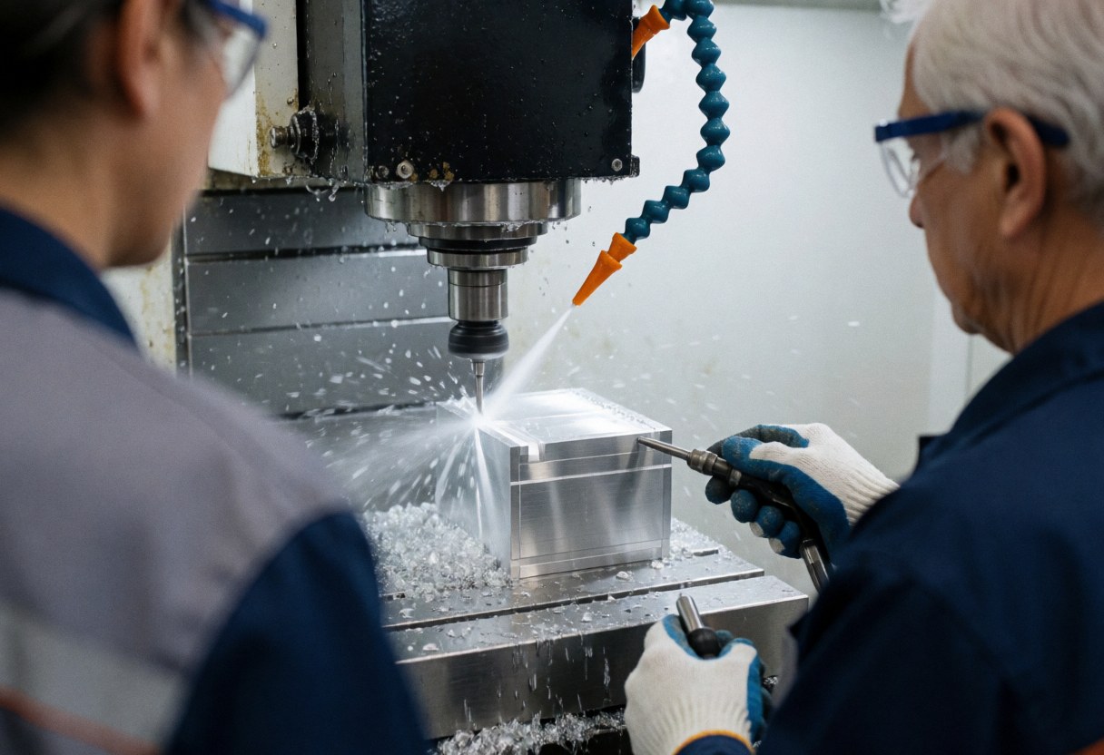 A worker wearing safety glasses operates a CNC machine cutting an aluminum block with coolant in a well-lit factory.