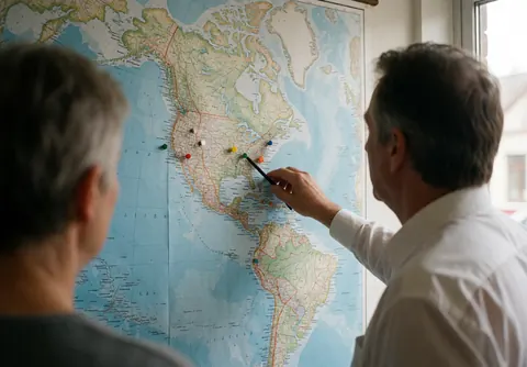 Advisor places an investment pin on a map of America in a bright office during a banking service session.