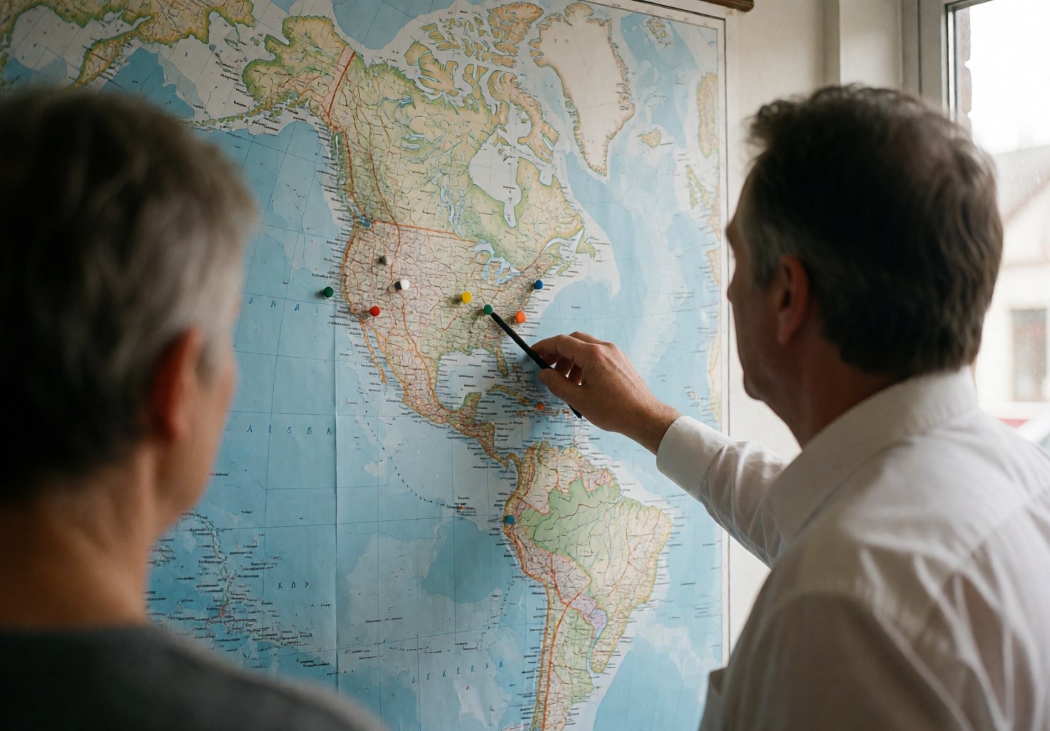 Advisor places an investment pin on a map of America in a bright office during a banking service session.