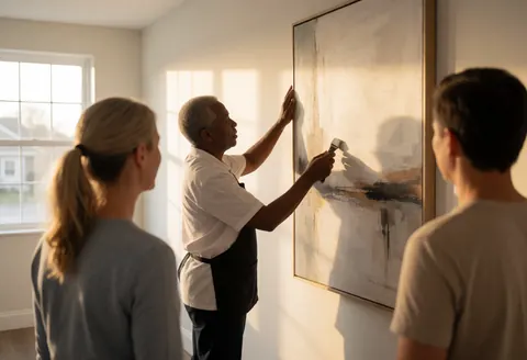 A decorator installs an abstract painting on a white wall while two people observe the work in natural light.