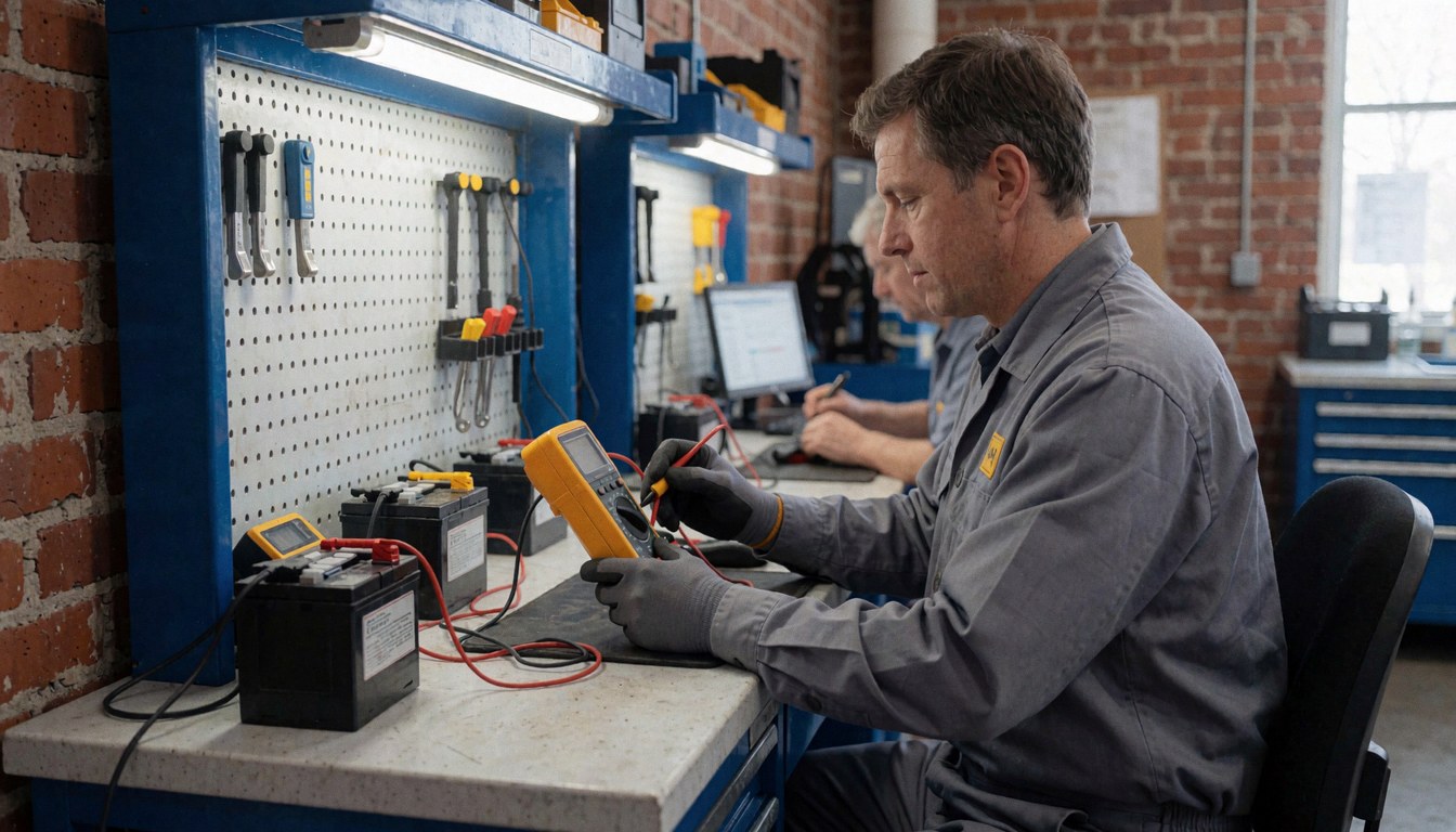 Technician using a yellow multimeter to test a battery in a workshop with brick wall and tools on pegboard.