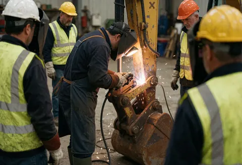 A welder wearing a helmet and vest repairs a yellow excavator in a workshop while other workers watch.