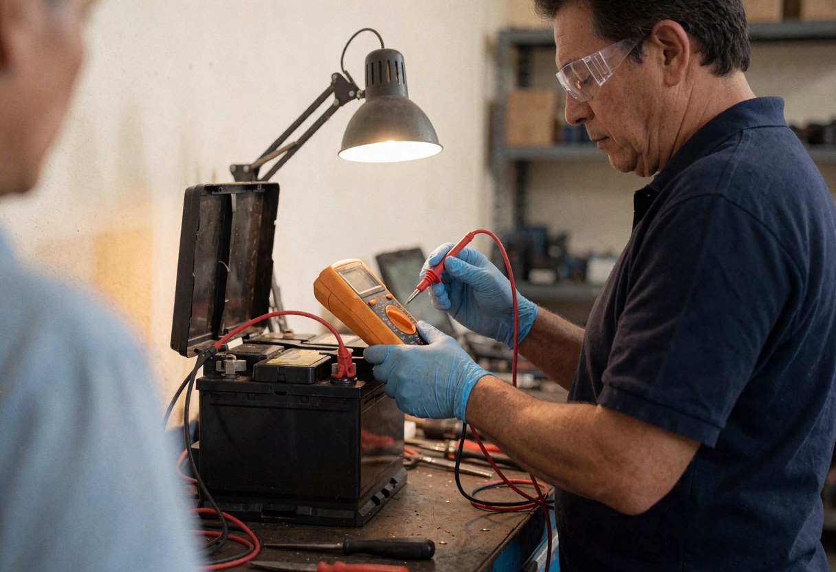Technician measuring car battery with multimeter in workshop, work light and tools on bench