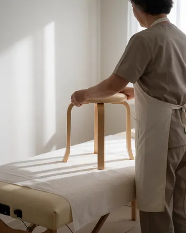 A reflexologist in an apron adjusts a wooden chair next to a white massage table in a bright treatment room with natural light.