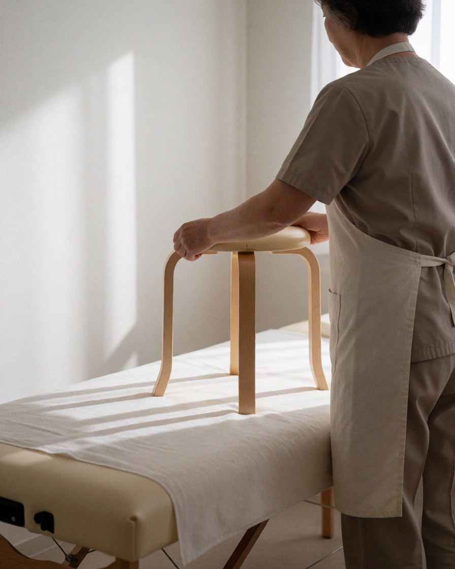 A reflexologist in an apron adjusts a wooden chair next to a white massage table in a bright treatment room with natural light.