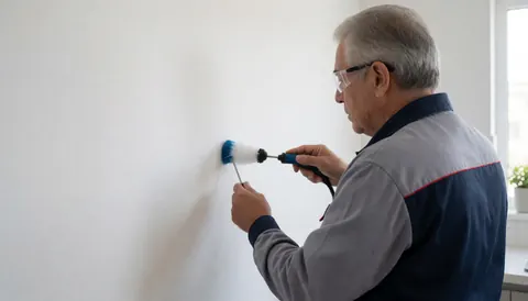 A technician wearing safety glasses uses a foam brush to inspect a white wall during a stove repair service.