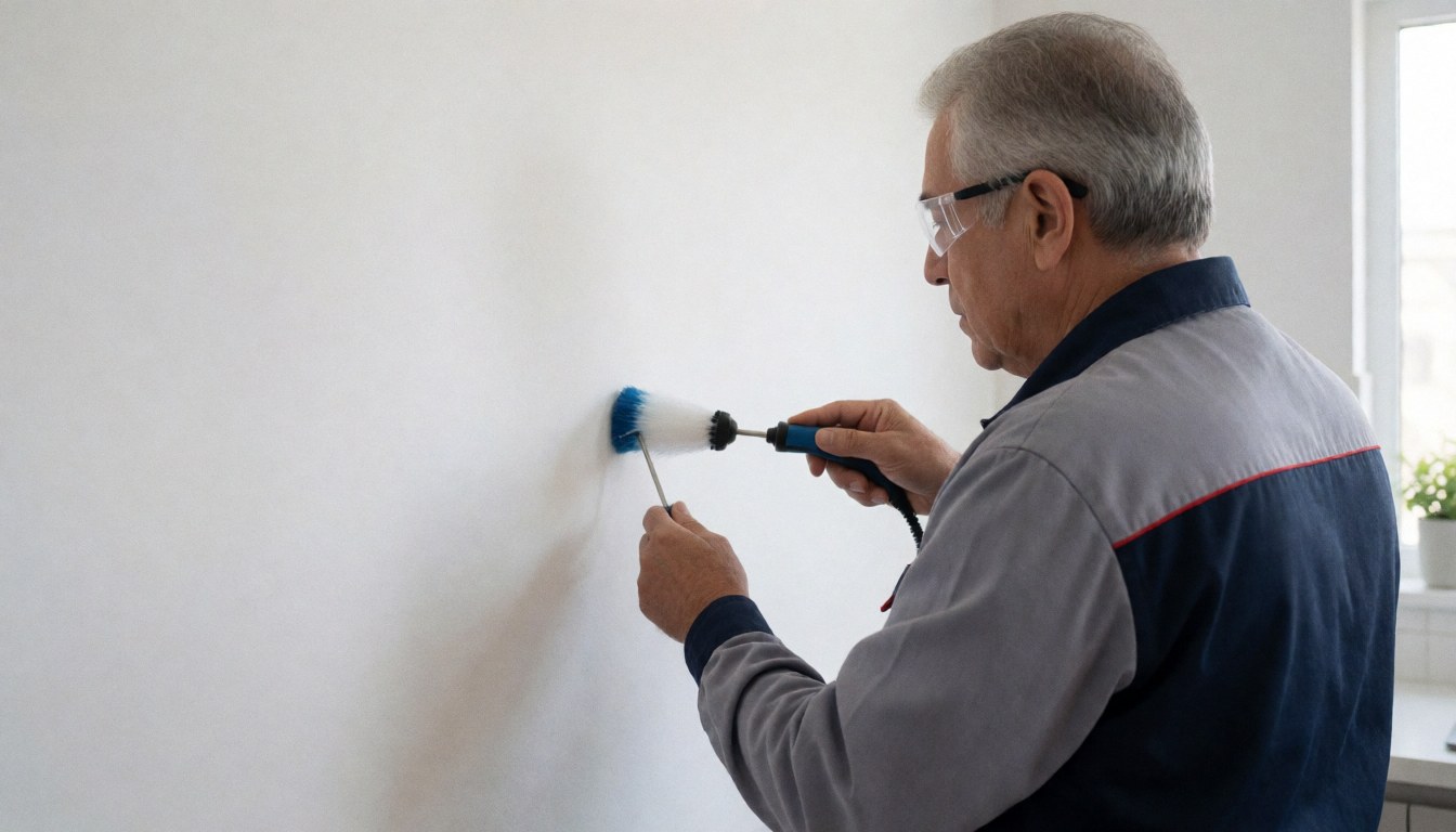 A technician wearing safety glasses uses a foam brush to inspect a white wall during a stove repair service.