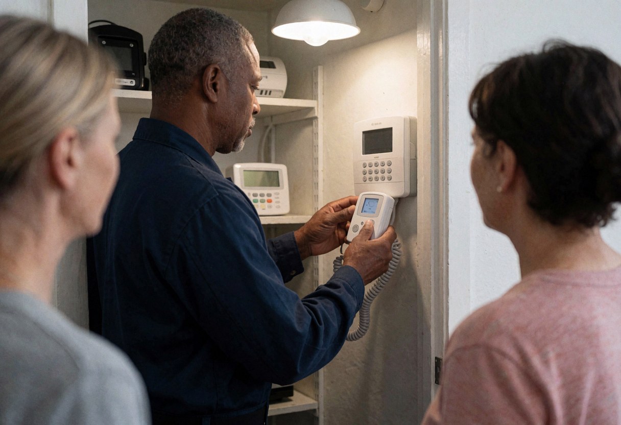 A technician programs a security alarm control panel in a utility room while two people observe the service process.