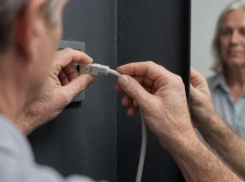 Close-up view of hands connecting an ethernet cable to a network port on a dark gray wall for security system installation.
