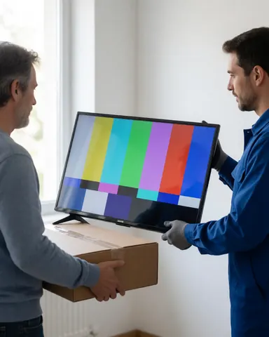 Technician hands over a repaired television displaying active test patterns to a client in a workshop with white walls and natural light.