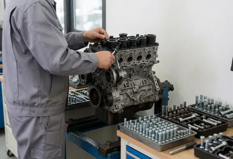Close-up view of a mechanic working on an engine block in a workshop setting with organized tools and screws visible nearby.