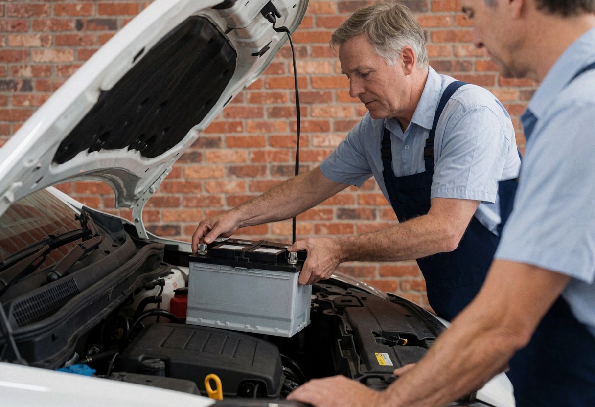 A technician installs a new AGM battery into a car engine bay during a repair service.