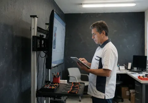 Technician checking a wall-mounted television during service with tools visible against gray walls in a professional repair environment.