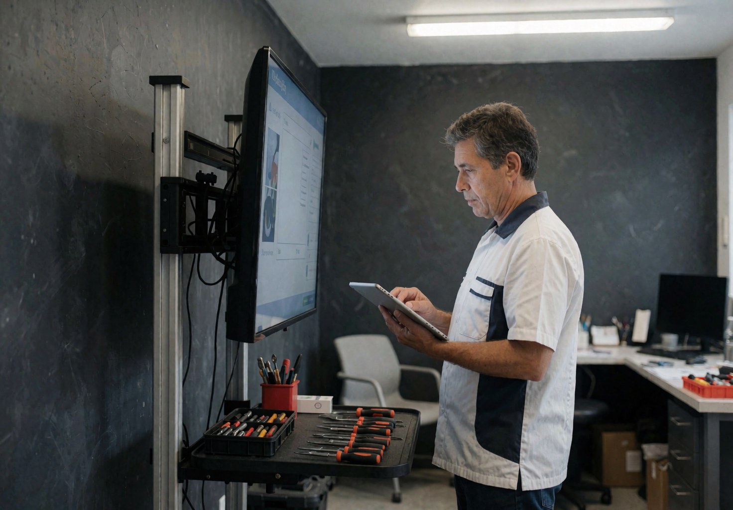 Technician checking a wall-mounted television during service with tools visible against gray walls in a professional repair environment.