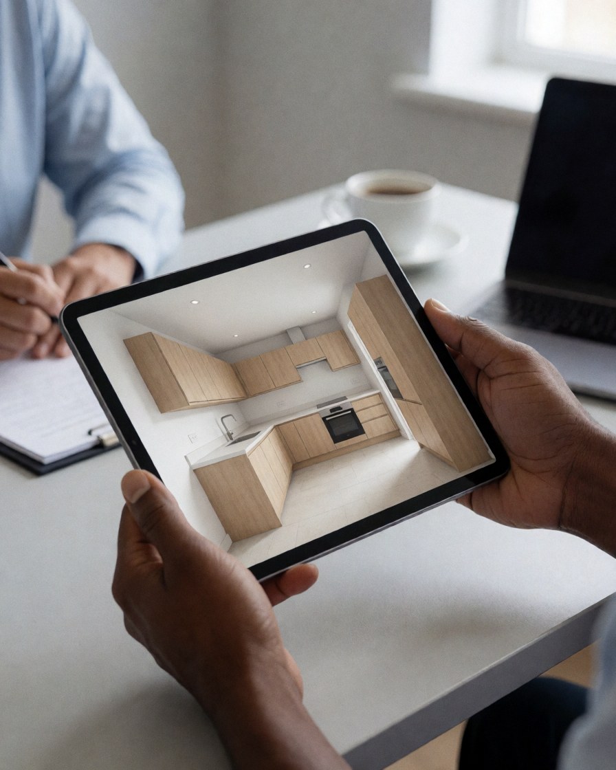 Close-up of hands holding a tablet displaying a modern kitchen layout with light wood cabinets in an office setting.