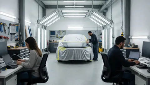 A worker applies vinyl film to a vehicle in a clean, modern workshop with organized tools and industrial lighting.