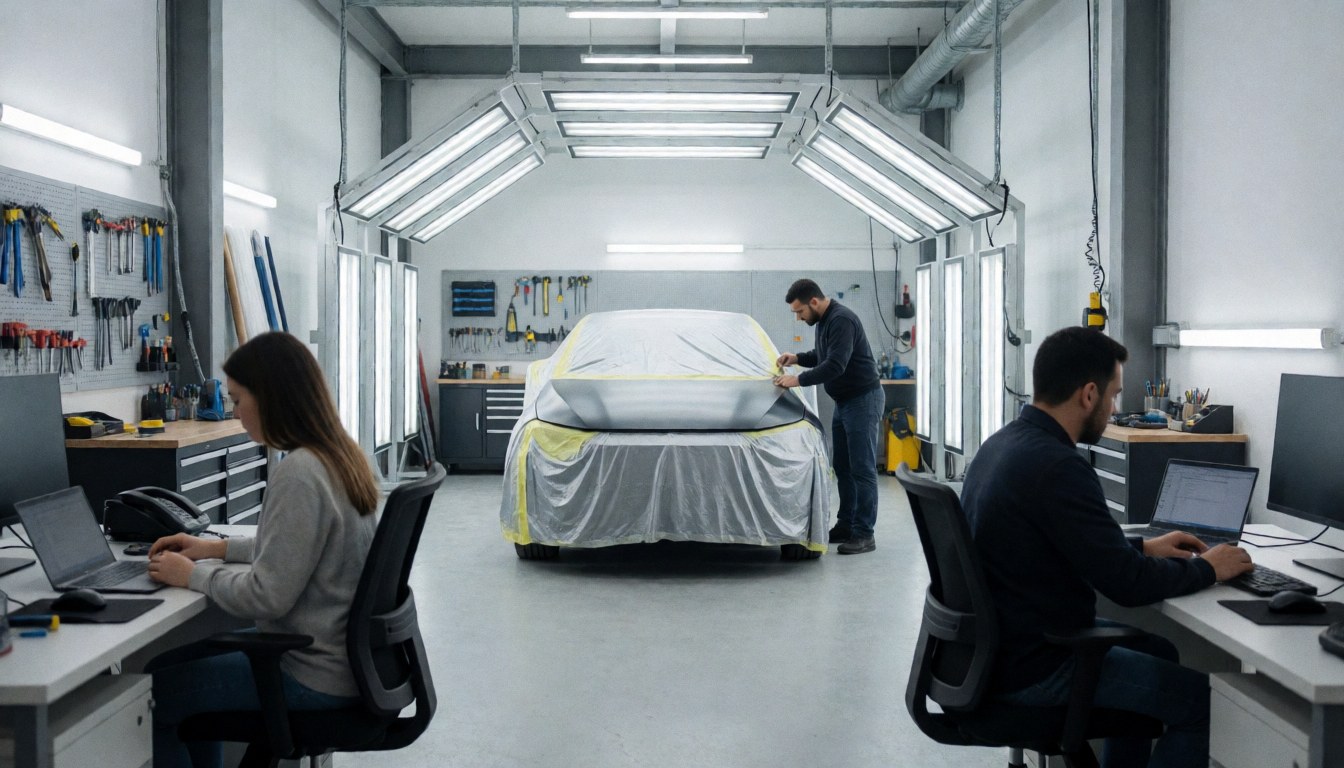 A worker applies vinyl film to a vehicle in a clean, modern workshop with organized tools and industrial lighting.