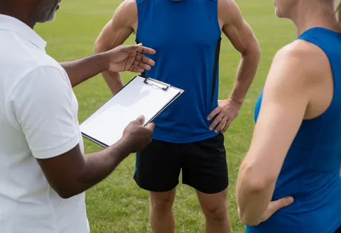 Soccer coach explaining strategy to players while holding a whiteboard on a green grass field under natural light.