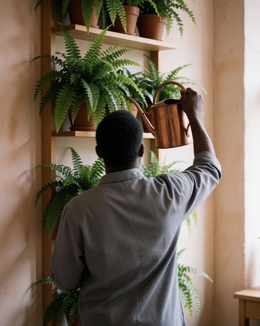 Watering green plants arranged on a vertical shelving unit against a terracotta plaster wall with natural light in a florist shop.
