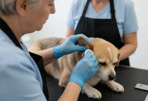 Professional groomer cleaning a dog's ear with a cloth while wearing blue gloves on a grooming table.