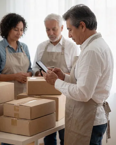 A man wearing an apron checks his smartphone while two others inspect cardboard boxes on a well-lit table.