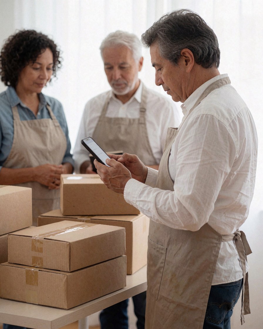 A man wearing an apron checks his smartphone while two others inspect cardboard boxes on a well-lit table.