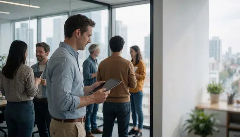 A man holding a tablet in a modern office with urban views, meeting people, ceiling lights, and professional atmosphere.