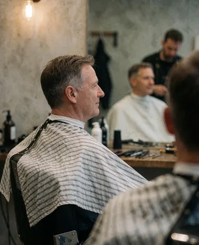 A man sits in a barber chair wearing a striped cape in a shop with concrete walls and warm lighting.