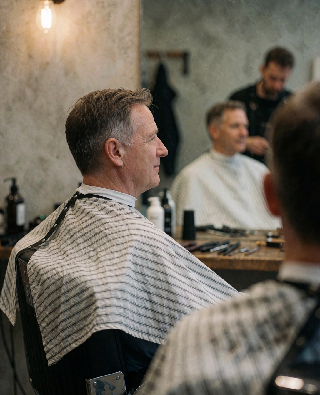A man sits in a barber chair wearing a striped cape in a shop with concrete walls and warm lighting.