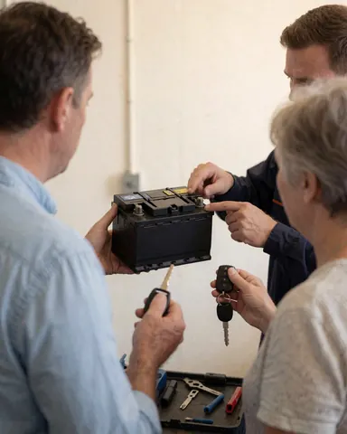 Technician checking a car battery while standing next to a customer in a repair shop.