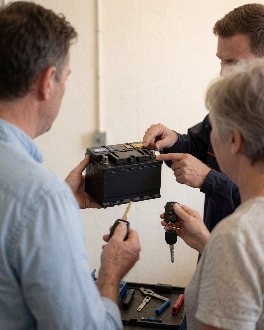 Technician checking a car battery while standing next to a customer in a repair shop.