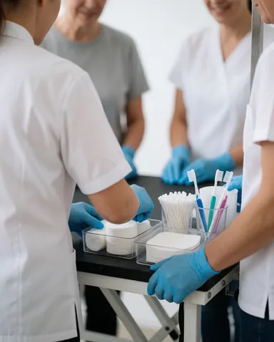 Groomer wearing blue gloves arranging cloths and brushes on a white background workstation