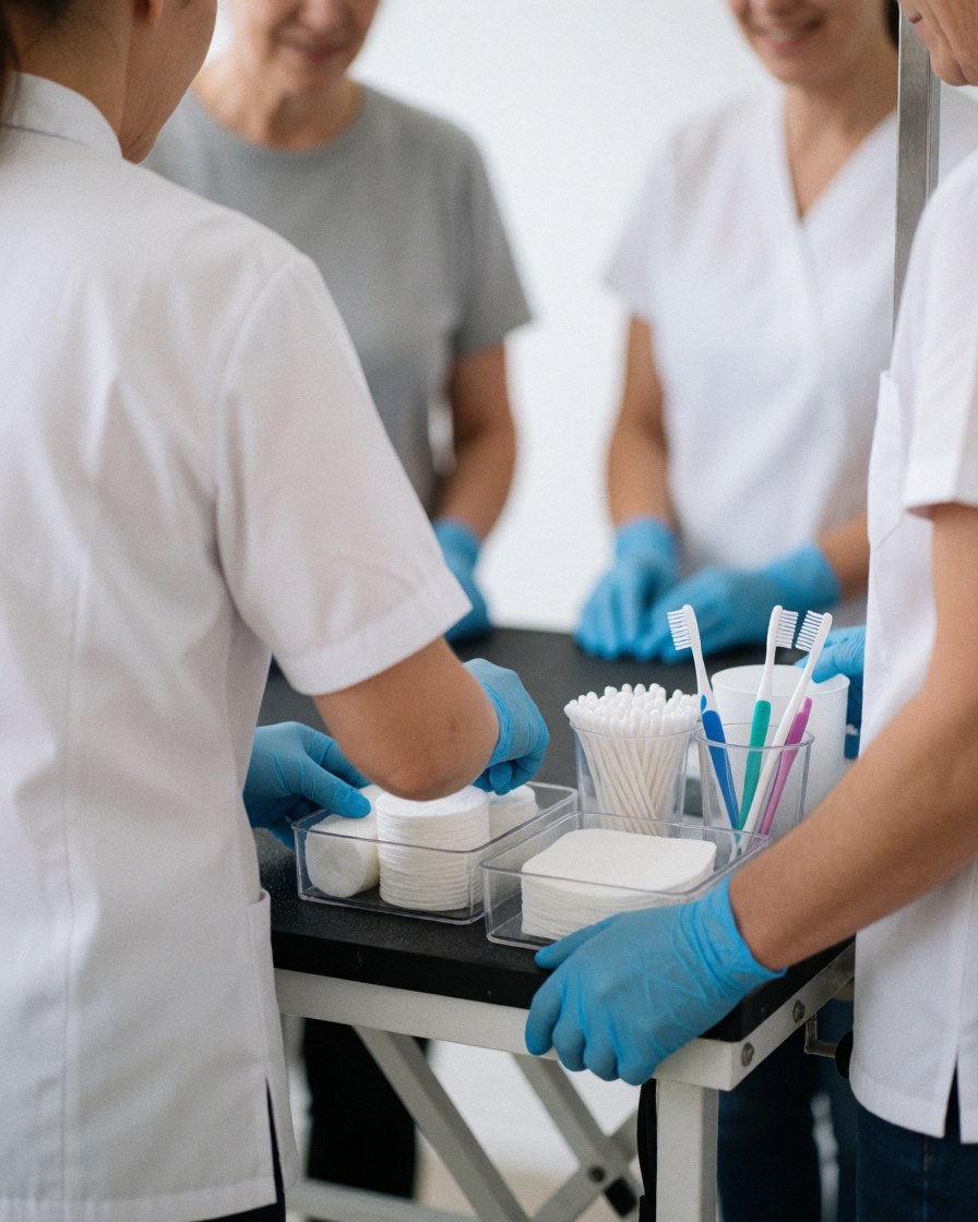 Groomer wearing blue gloves arranging cloths and brushes on a white background workstation