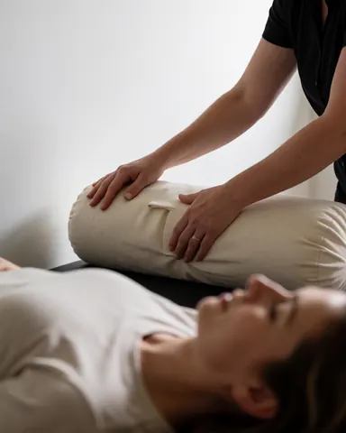 Yoga instructor adjusting a rest cushion for a student resting against a white wall with soft professional lighting.