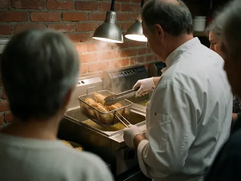 A chef uses tongs to remove fried empanadas from a stainless steel fryer in a catering kitchen with red brick walls and warm lighting.